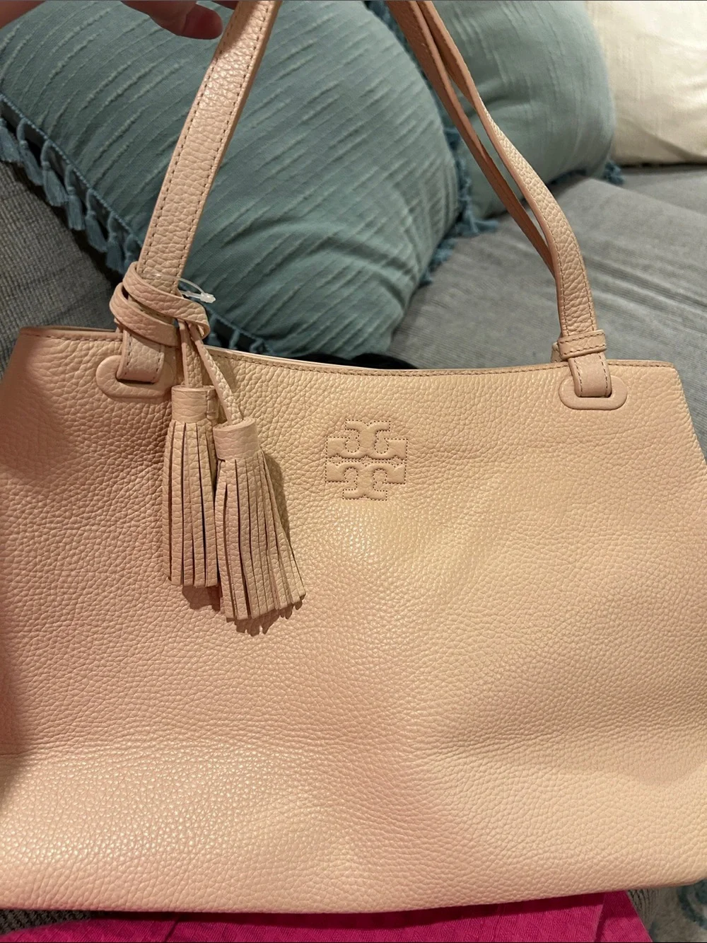 Tory Burch Thea Pebbled Leather Tassel Shoulder Bag in Light Pink